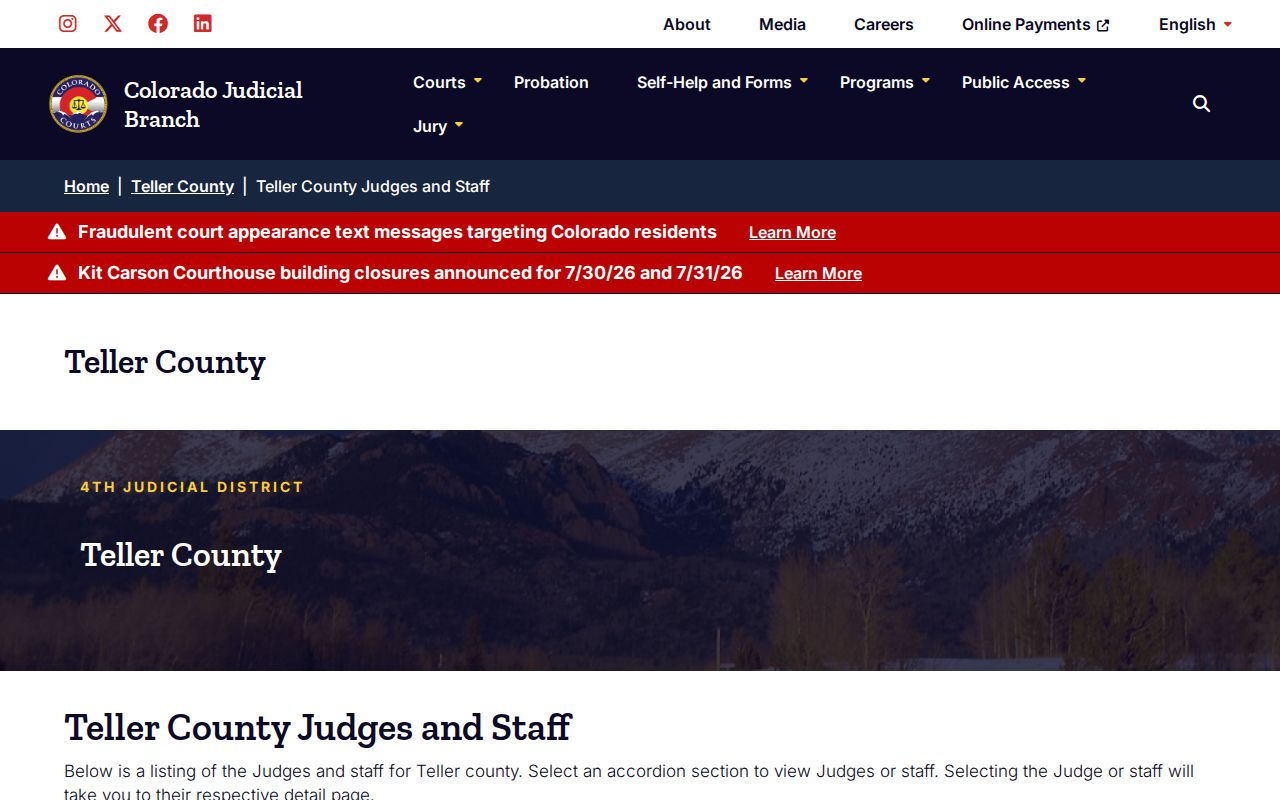 Teller County criminal court case clerk and judges directory