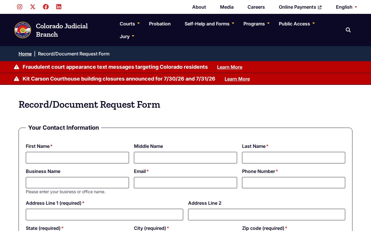 Teller County criminal case record document request form
