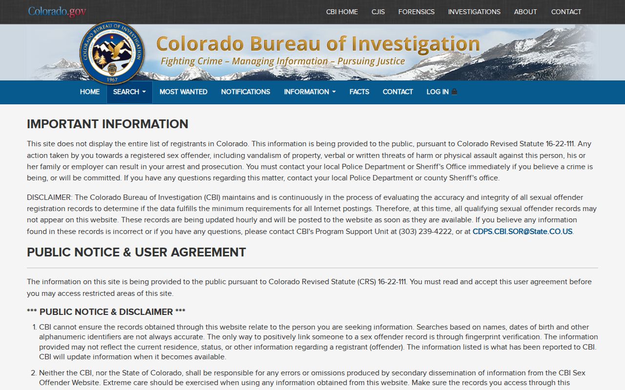 Colorado CBI convicted sex offender search agreement and use conditions