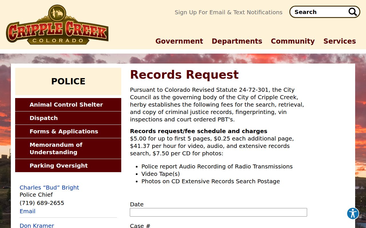 Cripple Creek Police records request page