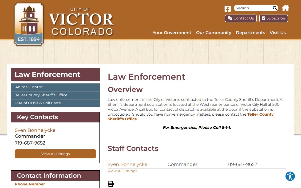 Victor official law enforcement page describing Teller County Sheriff contract service